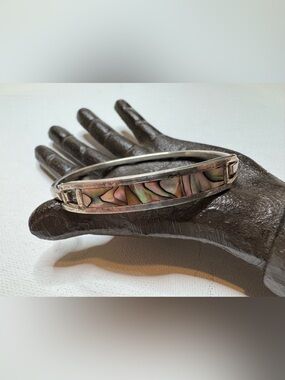 Vintage Alpaca Mexico Abalone Inlay Hinged Bracelet